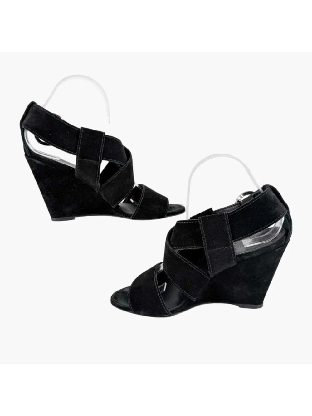Chanel CC Heart Buckle Wedge Sandals Heels Black Suede Size 39.5 US 8.5-9 Women